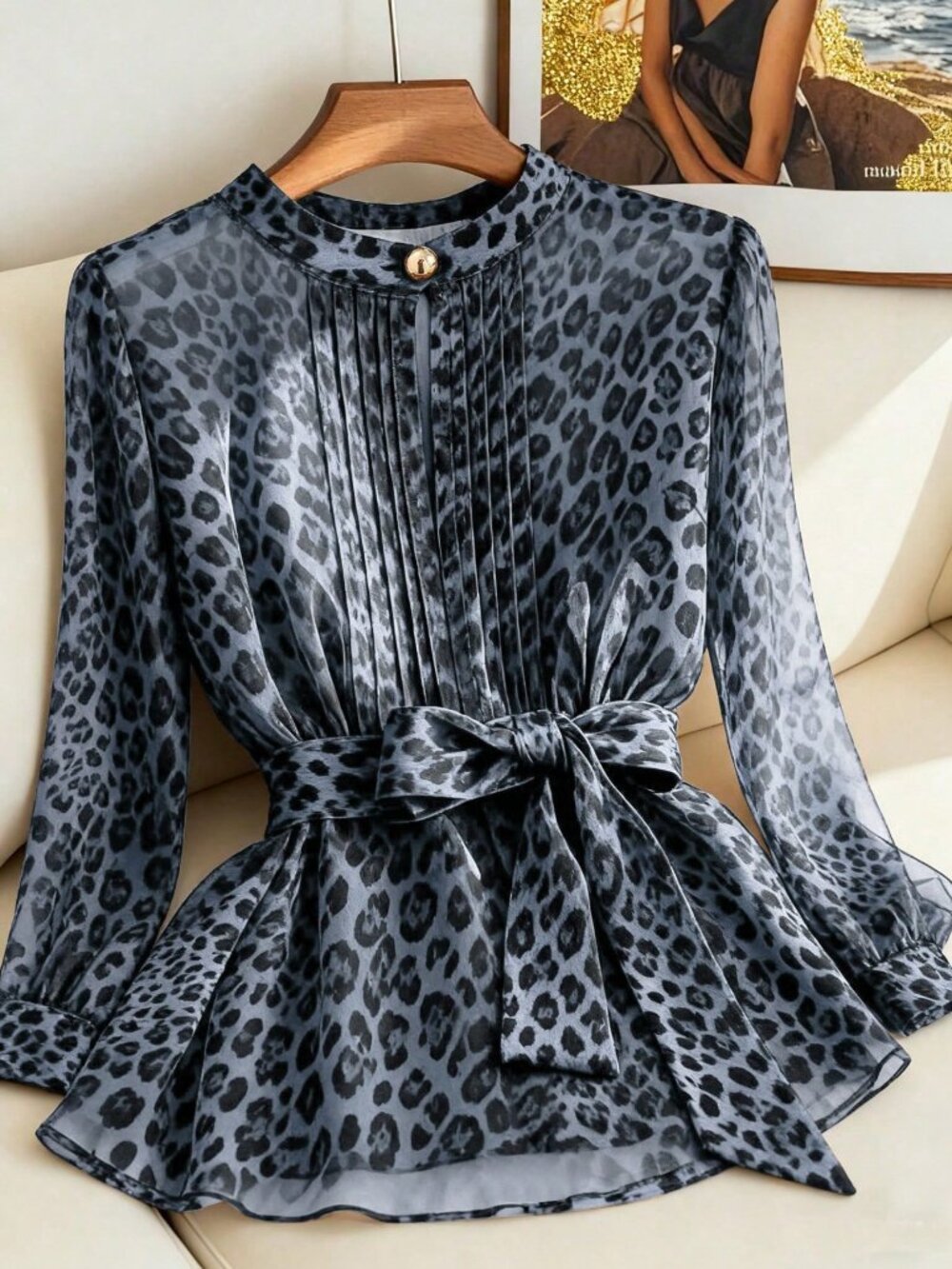 Multicolor Casual Women's Pleated Collar Button Bow Tie Leopard Print Blouse
